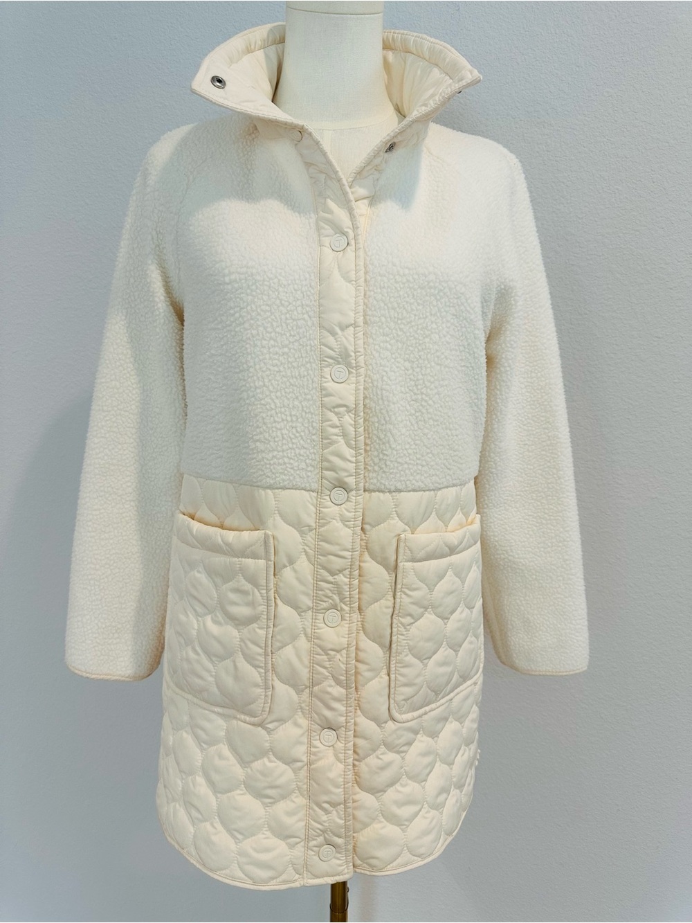 T by Talbots Cream Quilted & Sherpa Mid-Length Coat